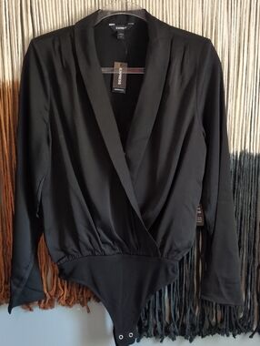 Express Black Wrap-Front Long Sleeve Bodysuit with Shawl Collar